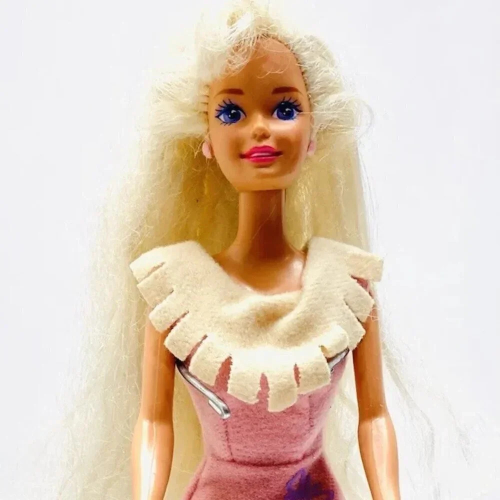 MATTEL BARBIE Doll Long Blond Hair Purple Eyes Pink Dress 12" Tall - Picture 1 of 11